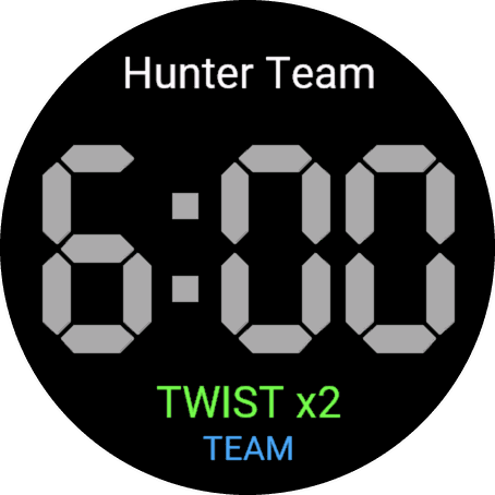 The watch showing a stage called Hunter Team, armed at 6:00, with TWIST x2 and TEAM